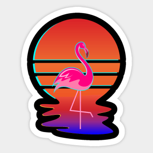 Pink Wading Flamingo in front of Retro Glitch Sunset Sticker
